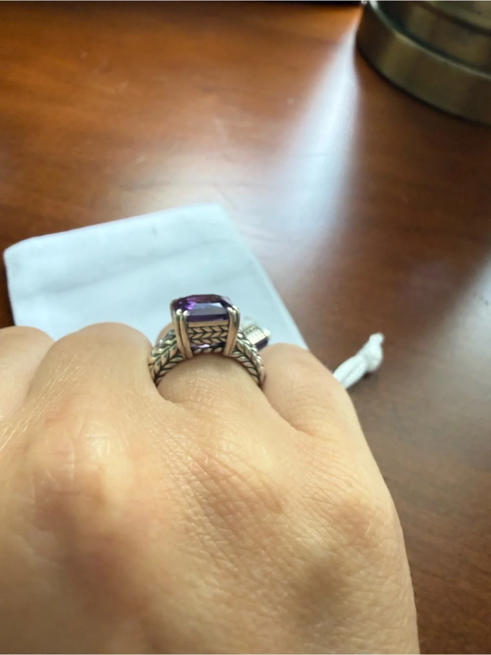 JAI Sterling Silver Asscher Cut Amethyst Gemstone Ring & Earring Set, size 5